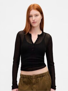 GAP Sheer Black Long-Sleeve Henley Top